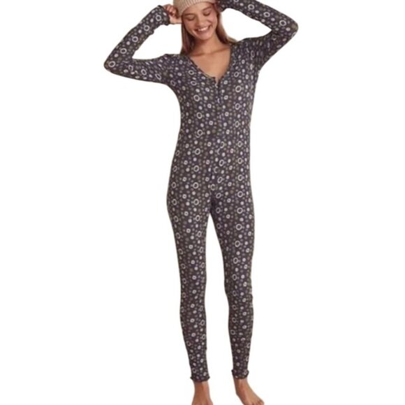 Free People Womens L Home Alone Floral Waffle Knit Long John Jumpsuit Pajamas - Picture 1 of 16